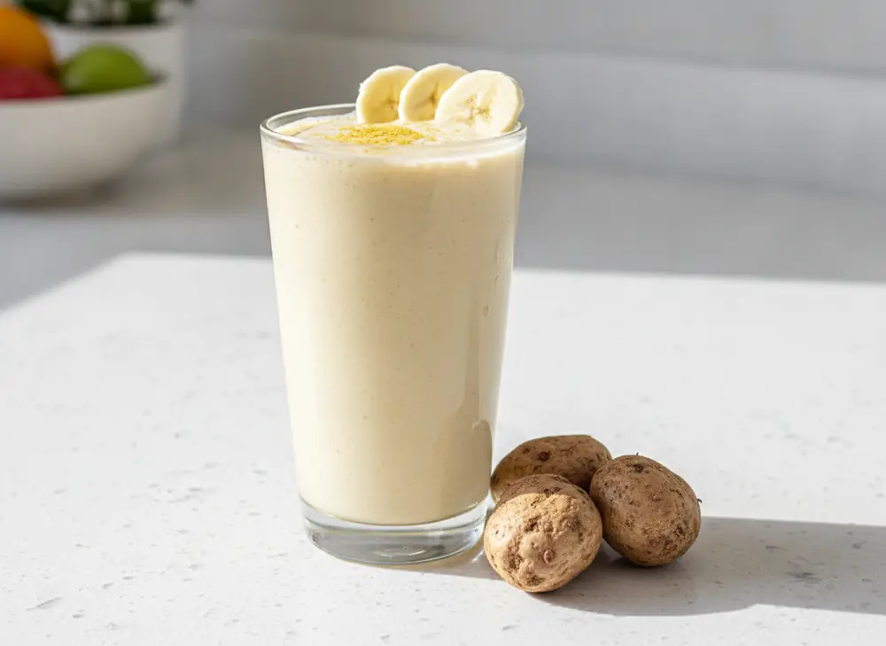 Smoothie bananowe z maca w proszku podane w szklance obok korzeni maca