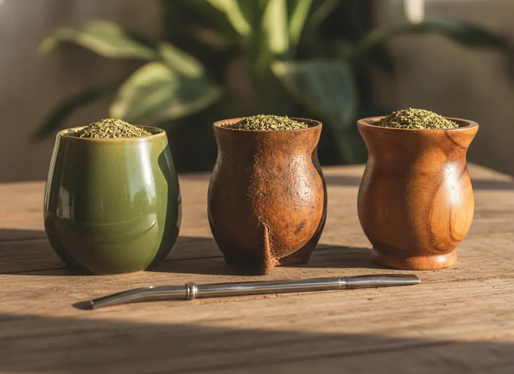 Trzy rodzaje matero do yerba mate: ceramiczne, tykwa i drewniane z bombillą