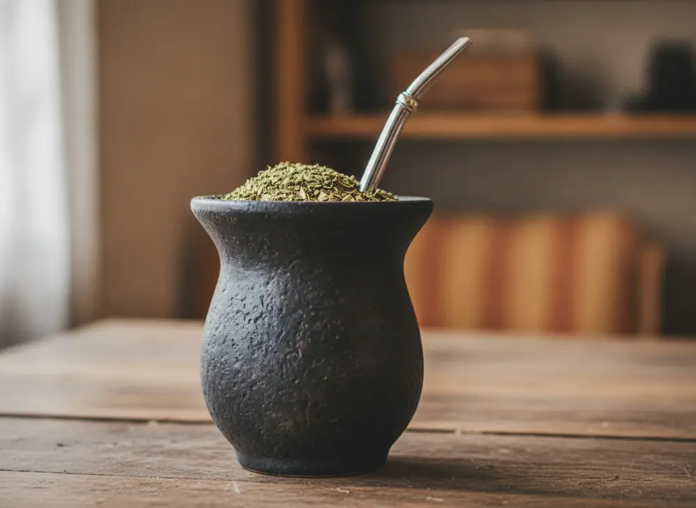 Ceramiczne matero z liśćmi yerba mate na drewnianym stole