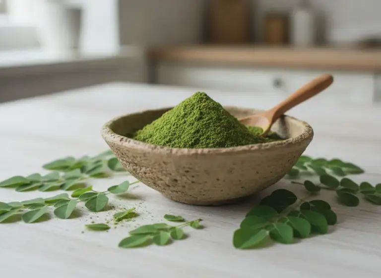 Moringa – zielony proszek z liści moringi w ceramicznej miseczce