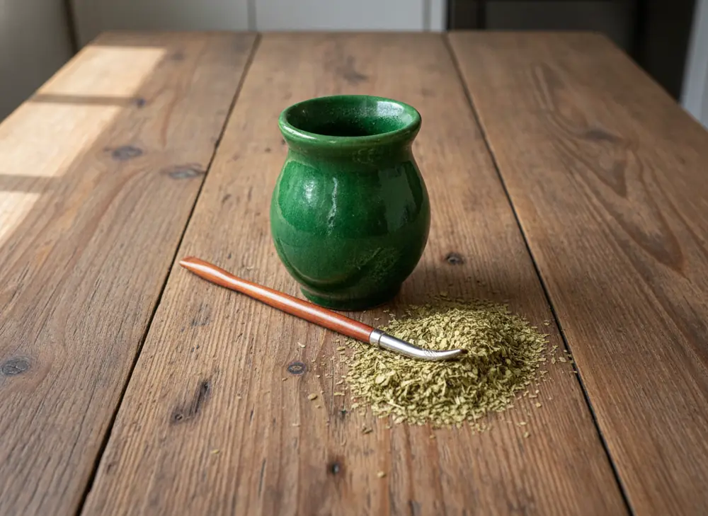 Zielone ceramiczne matero z bukowym nabierakiem i suszem yerba mate na drewnianym stole