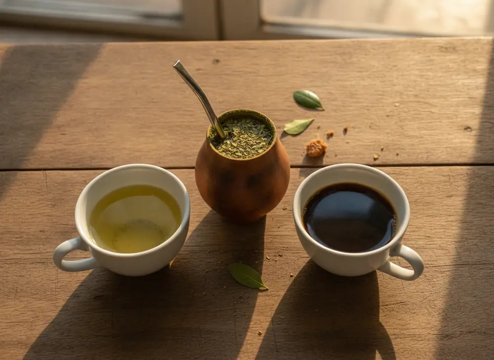 zielona herbata, czarna kawa i yerba mate w matero na porannym stole