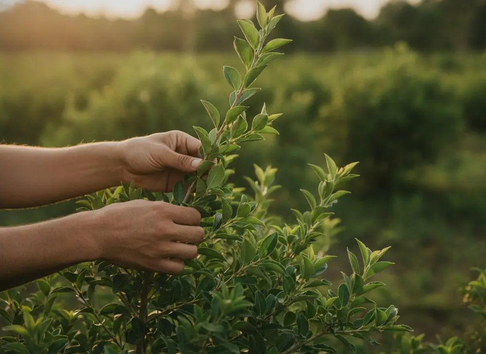 Ręczny zbiór liści ostrokrzewu paragwajskiego na plantacji w Ameryce Południowej