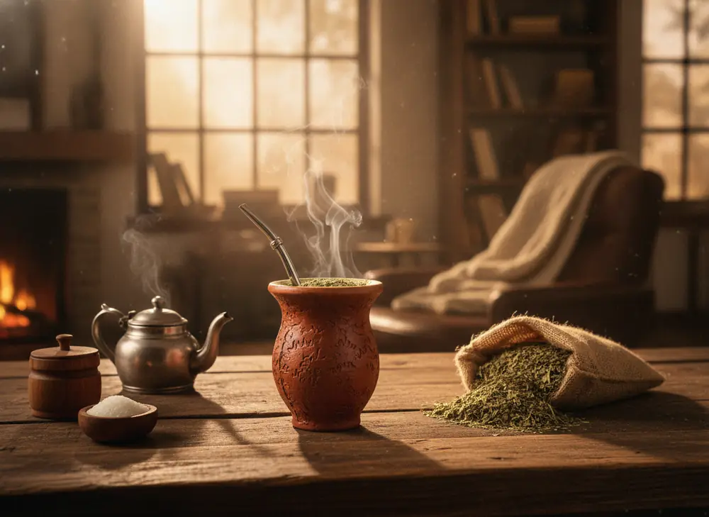 Rytuał parzenia yerba mate w matero z bombillą, para unosząca się w porannym świetle