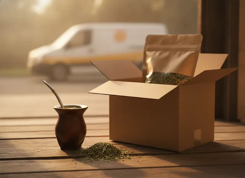 Paczka z yerba mate dostarczona pod drzwi, obok matero z bombillą, dostawa ze sklepu online Yerbador