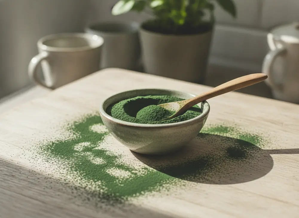 Proszek spiruliny w drewnianej misce z łyżką na blacie kuchennym