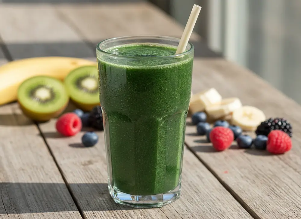 Zielone smoothie ze spiruliną w szklance z owocami w tle