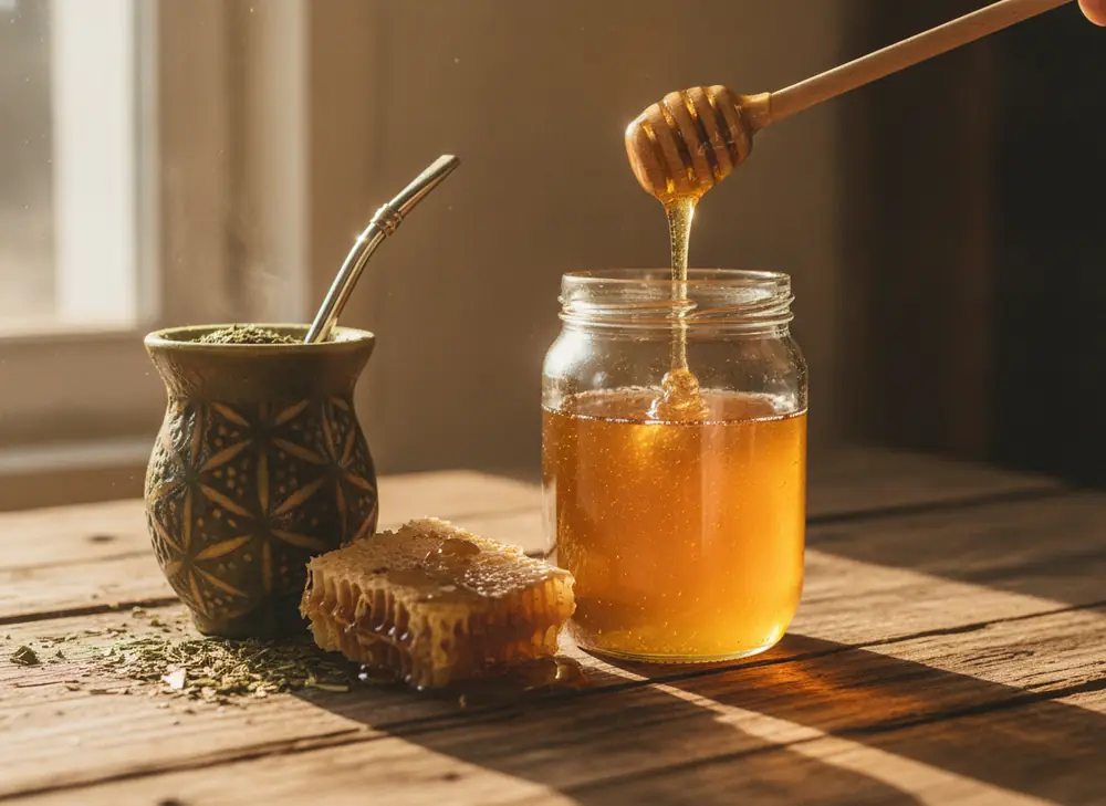 Surowy miód w słoiku obok matero z yerba mate – naturalny duet