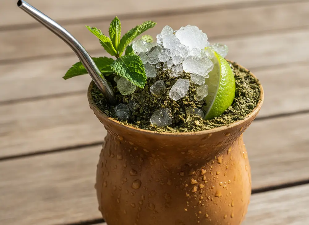 Guampa z tereré – zmielona yerba mate, kruszony lód, świeża mięta i limonka, bombilla