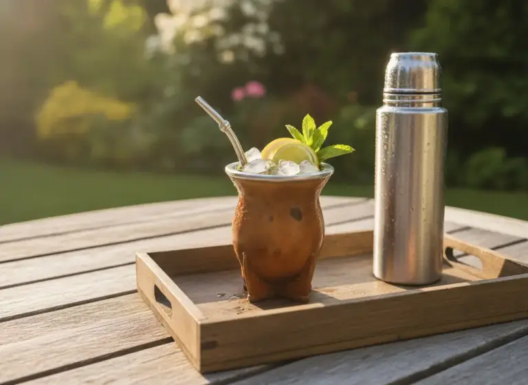 Tereré na tarasie latem – guampa z lodem i cytrusem obok termosu z zimną wodą