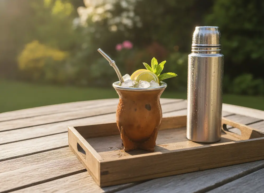 Szklanka zimnego tereré z yerba mate jako orzeźwienie po długim locie w saloniku lotniskowym