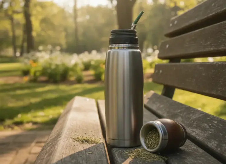 Termos do yerba mate na ławce w parku, naczynie do picia yerby w podrozy