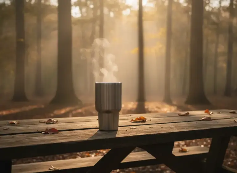 Termos do yerba mate na biwaku w lesie, para unosząca się znad gorącego napoju