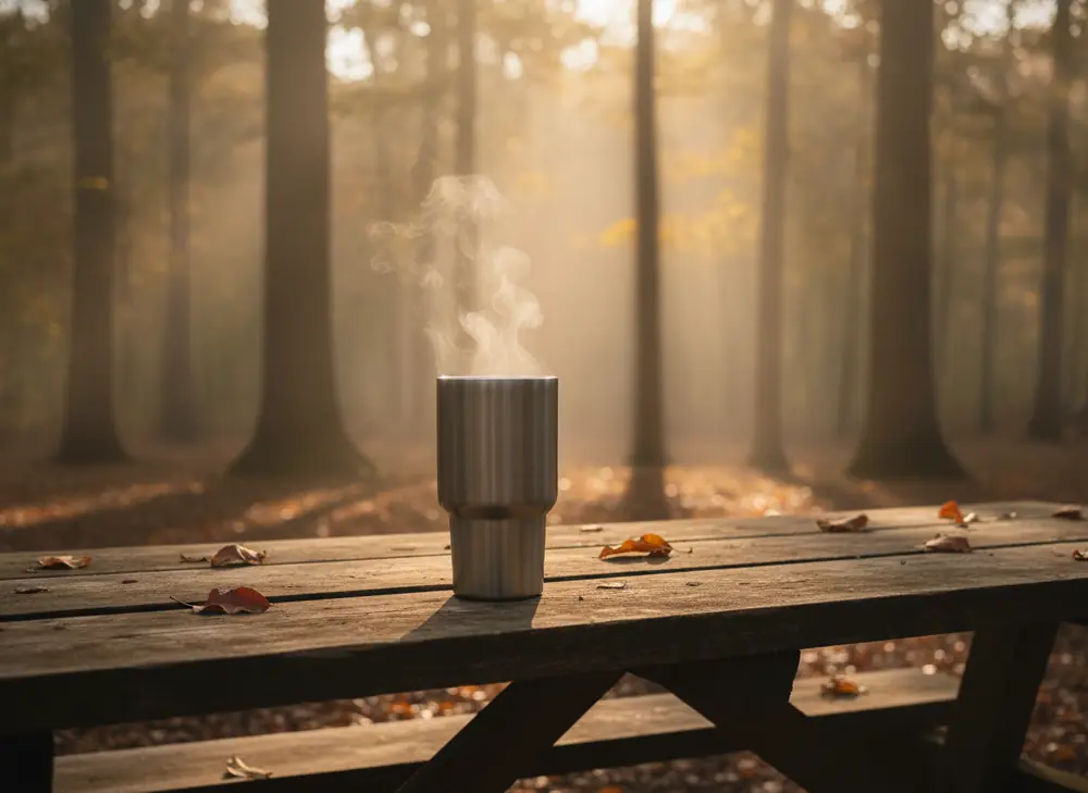 Termos do yerba mate na biwaku w lesie, para unosząca się znad gorącego napoju