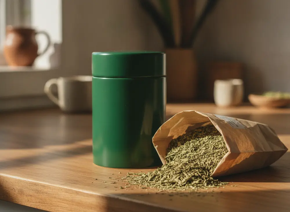 Hermetyczna tuba na przechowywanie yerba mate obok otwartej paczki suszu w kuchni