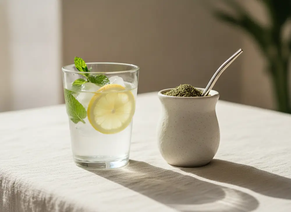 szklanka wody z cytryną i miętą obok naparu yerba mate