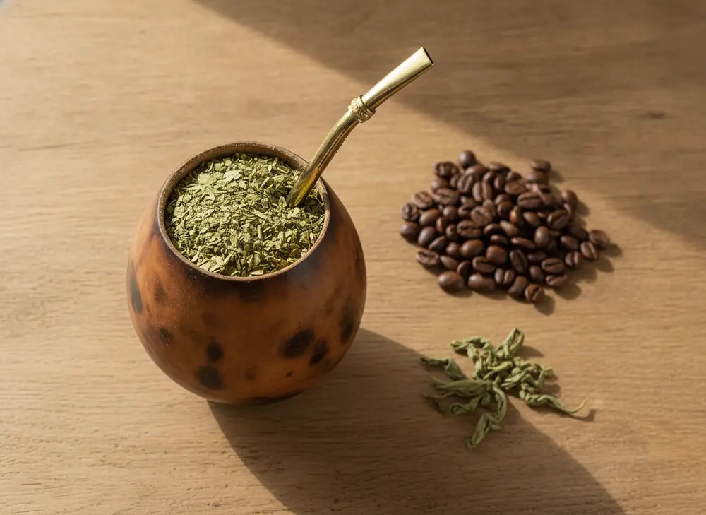 Yerba mate w kalabasie z bombillą obok ziaren kawy i suszonych liści herbaty – porównanie