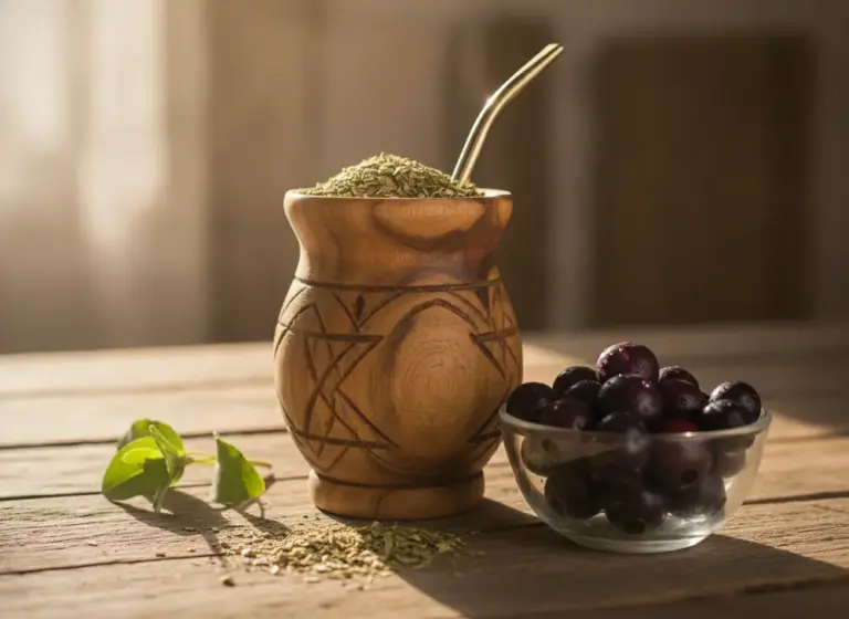 Matero z yerba mate obok miski jagód acai, naturalne źródło antyoksydantów dla skóry