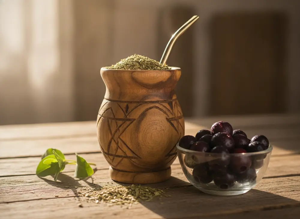 Matero z yerba mate obok miski jagód acai, naturalne źródło antyoksydantów dla skóry