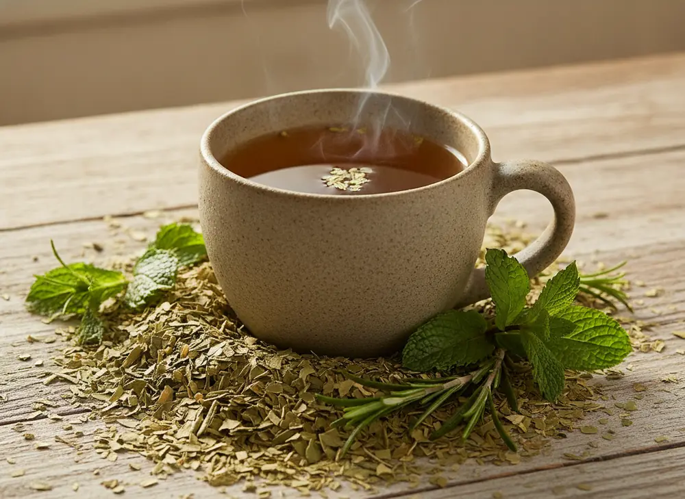 Parzony napar z yerba mate z ziołami w ceramicznym kubku