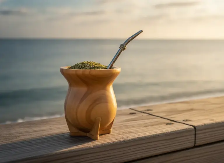 Matero z yerba mate i bombillą na nadmorskim bulwarze – yerba mate Gdynia