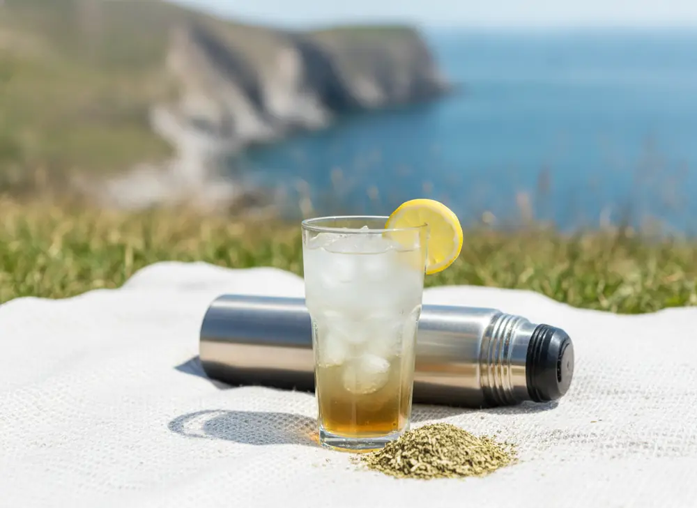 Zimna yerba mate terere z lodem i cytryną na tle klifu – Gdynia latem