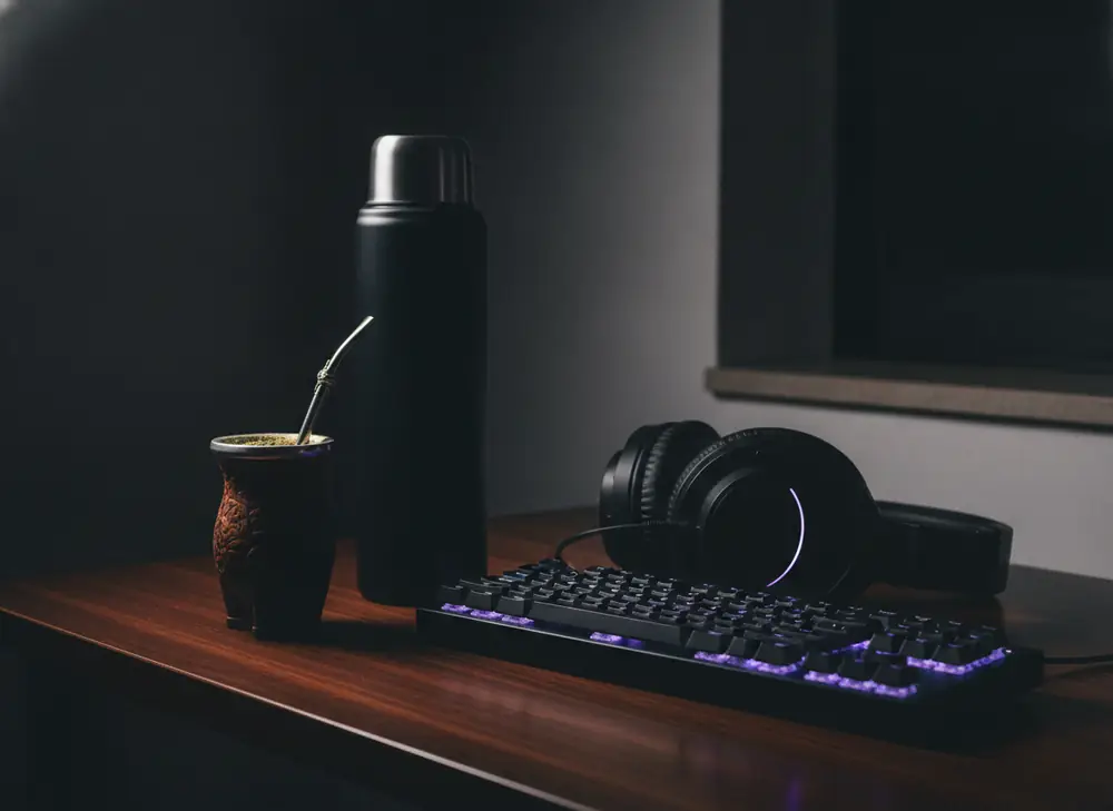 Matero z yerba mate i termos obok podświetlanej klawiatury – Katowice, miasto esportu