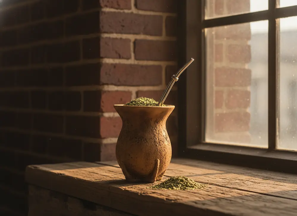 Matero z yerba mate na parapecie na tle ceglanej ściany – klimat Nikiszowca w Katowicach