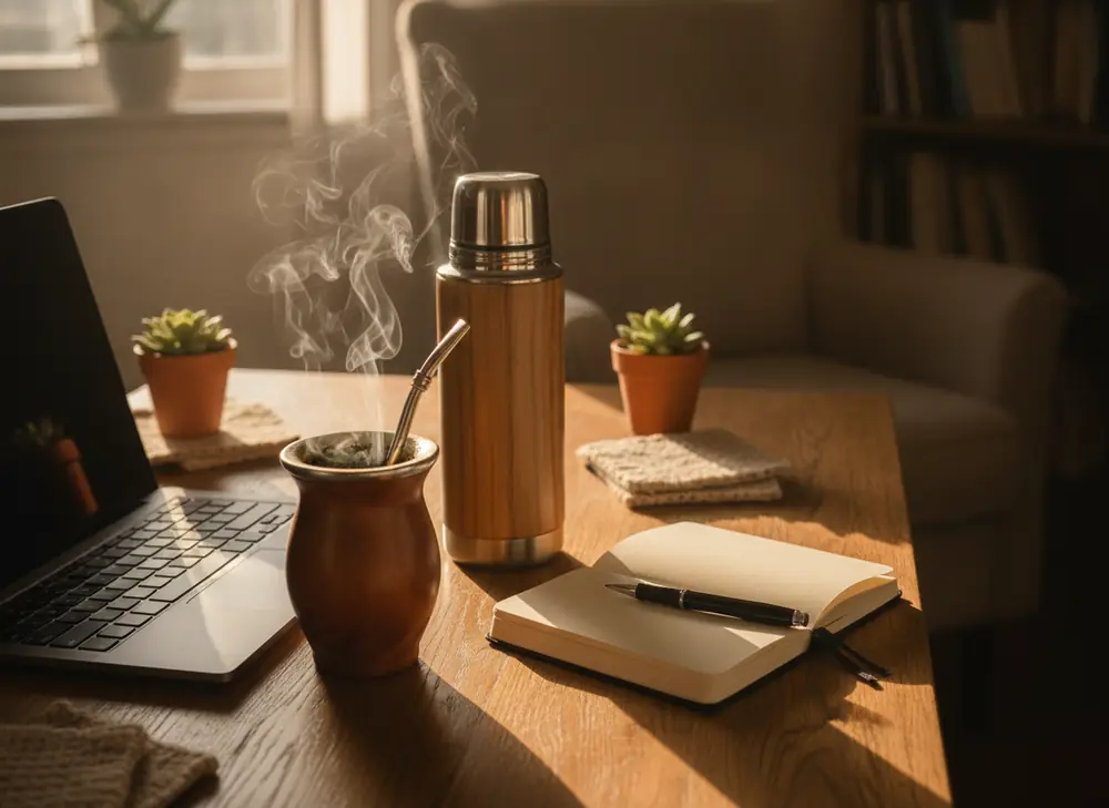 Matero z yerba mate i termos przy laptopie - równa energia z kofeiny na cały dzień pracy