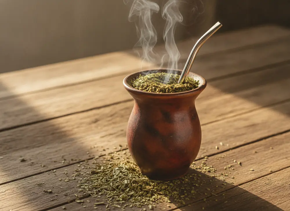 Parujące matero z naparem yerba mate na drewnianym stole