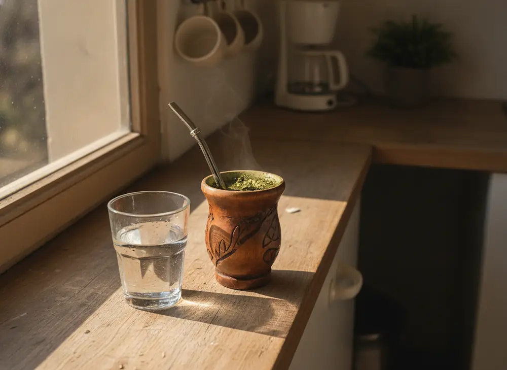 Kalabasa z parującą yerba mate na parapecie o poranku, obok szklanka wody