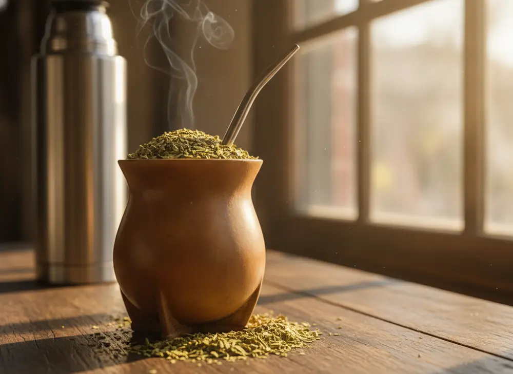 Matero z parującym naparem yerba mate i termos w tle – dolewanie kolejnych rund gorącej wody