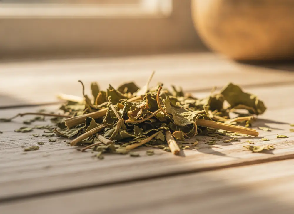 Suszone liście yerba mate w zbliżeniu, makro