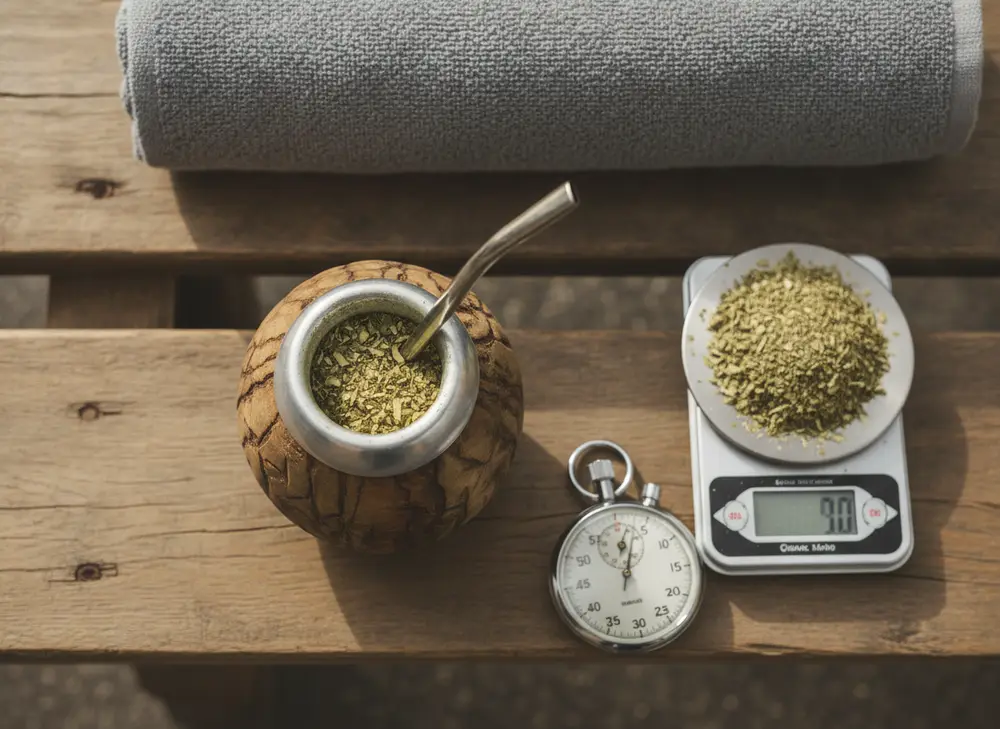 Yerba mate a potas - waga kuchenna z odważonym suszem, dawkowanie