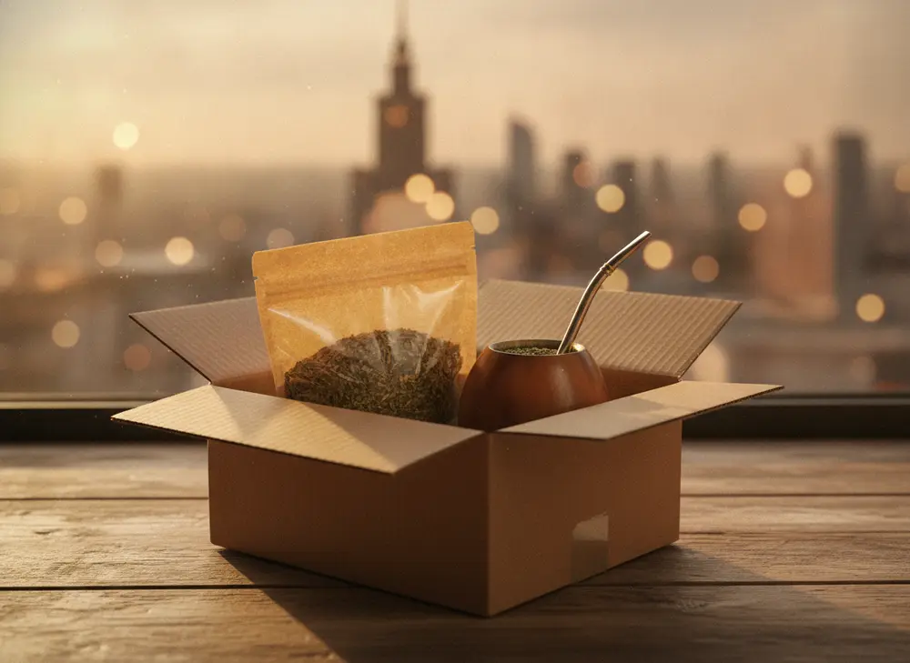 Paczka kurierska z yerba mate na biurku, w tle rozmyta panorama Warszawy o zachodzie słońca