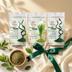 ZESTAW CHLORELLA + SPIRULINA + JĘCZMIEŃ (Green Energy Boost) 600g — kompozycja w słonecznym świetle