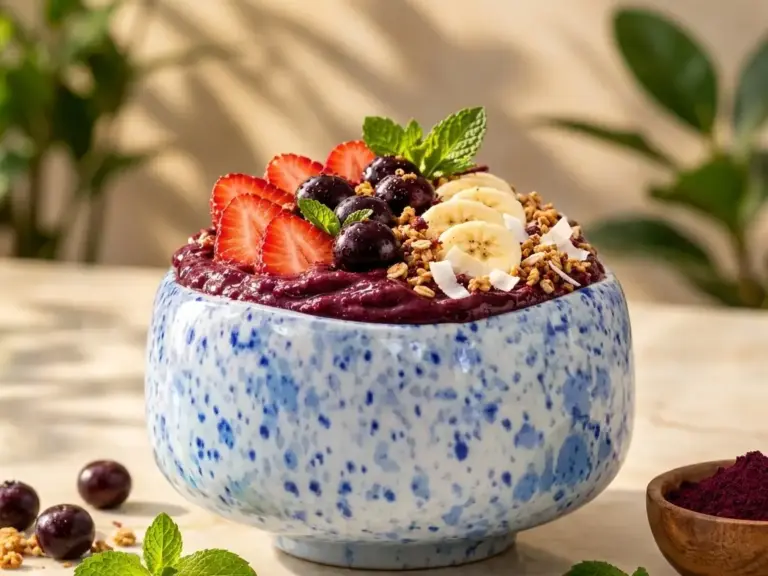 Bowl z açaí w niebieskiej czarce Biwa, truskawki, borówki i banan