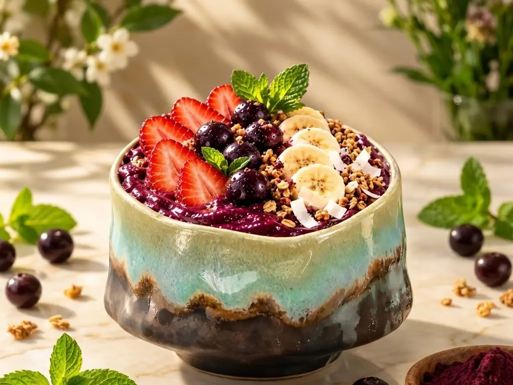 Bowl z açaí, truskawkami, borówkami i bananem w czarce Hisui