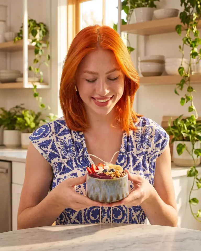 Rudowłosa kobieta z uśmiechem patrzy na bowl z açaí w czarce