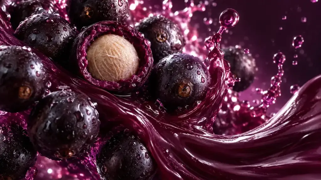 Jagody açaí w przekroju i fioletowy plusk soku, makro