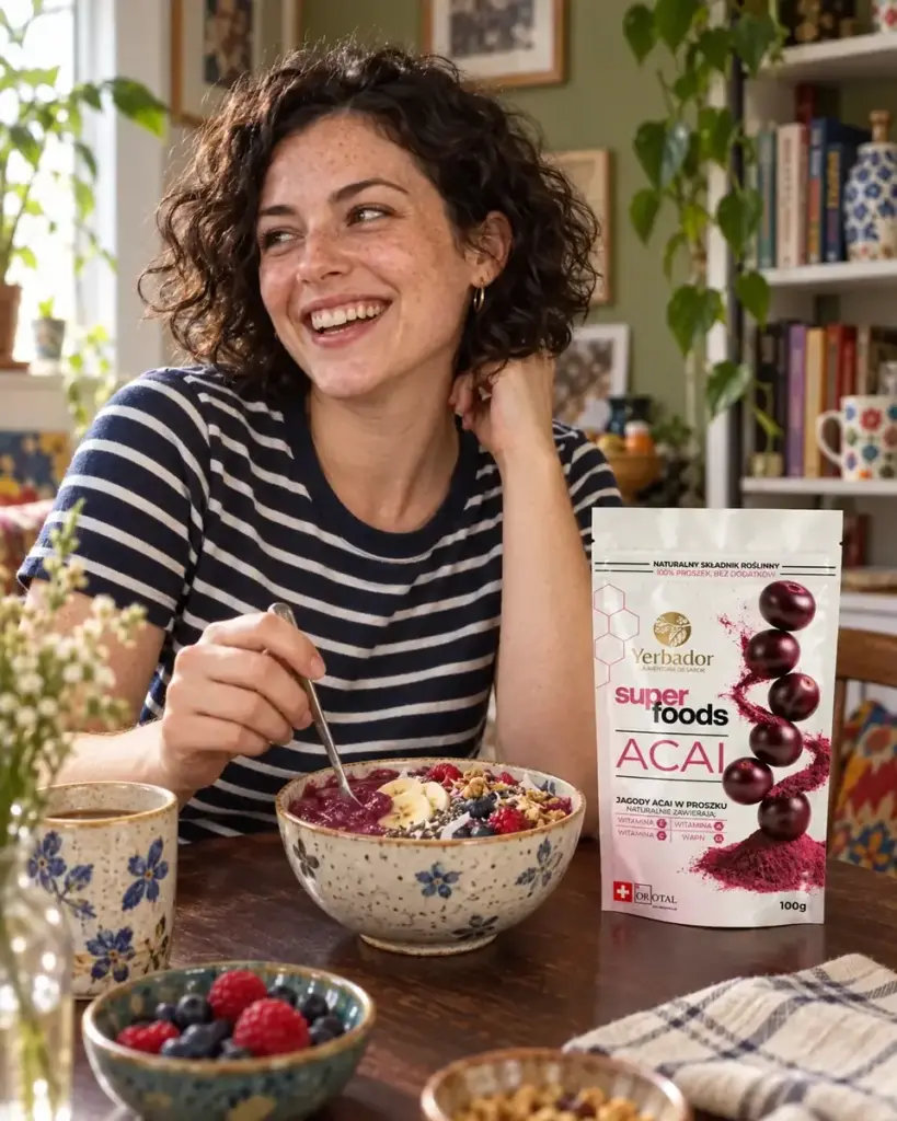 Yerba mate z mlekiem: roześmiana młoda kobieta przy stole z bowlem açaí i opakowaniem açaí Yerbador