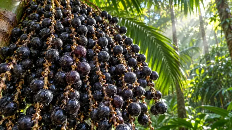 Kiście owoców açaí na palmie w amazońskiej dżungli — skąd pochodzi açaí