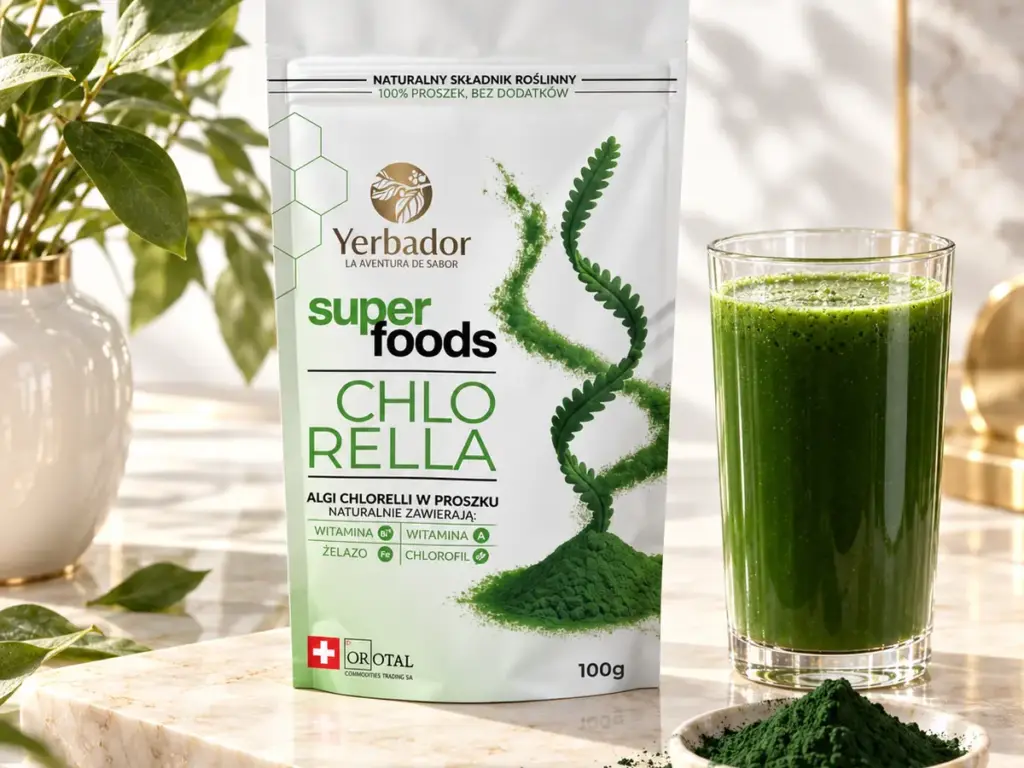 Chlorella w proszku Yerbador z miseczką proszku i ciemnozielonym napojem