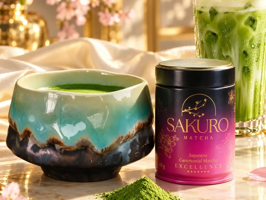 Yerba mate czy matcha: turkusowa czarka z matchą, puszka Sakuro Excellence i mrożone latte