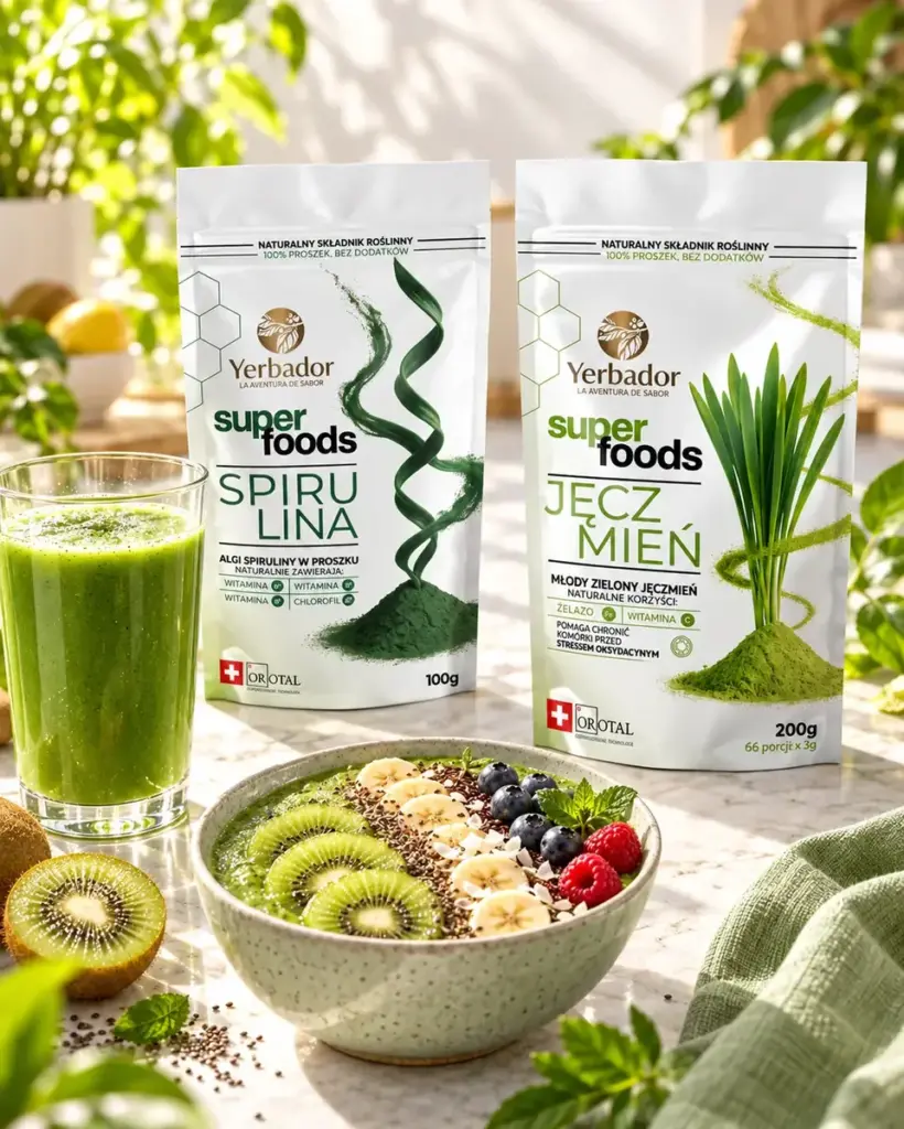 Ashwagandha w proszku: zielony bowl z kiwi i koktajl, obok spirulina i młody jęczmień Yerbador