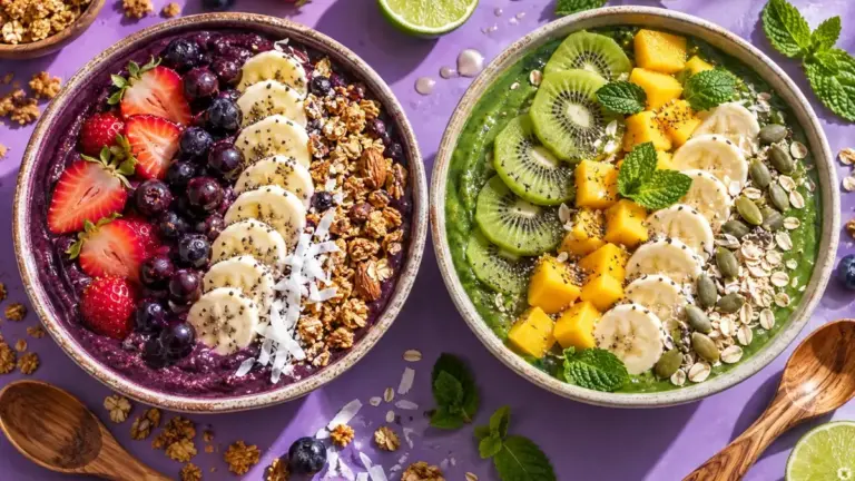 Dwa bowle z góry: açaí z truskawkami i zielony z kiwi i mango