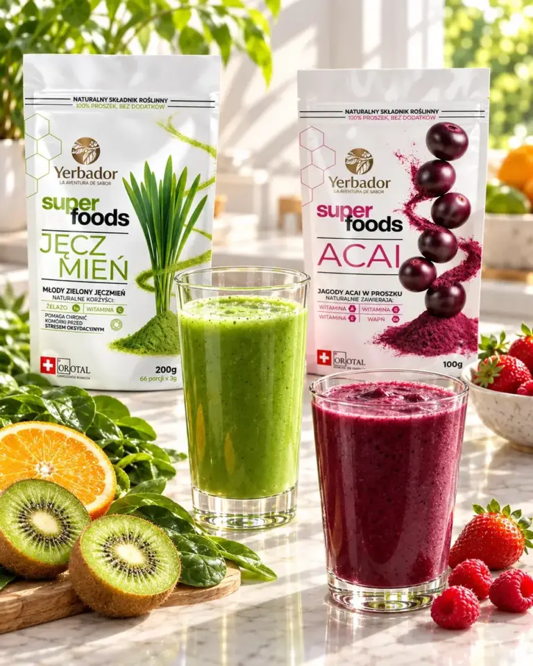 Dwa koktajle — zielony z jęczmieniem i fioletowy z açaí — wśród owoców