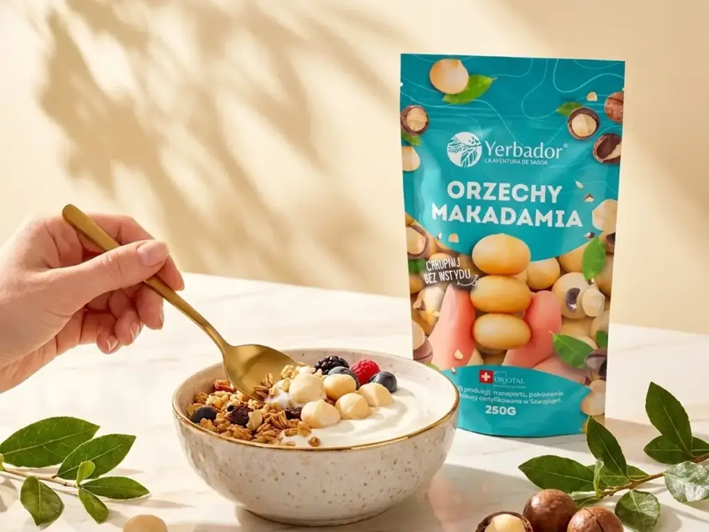 Miska jogurtu z granolą, owocami i makadamią, obok opakowanie orzechów Yerbador