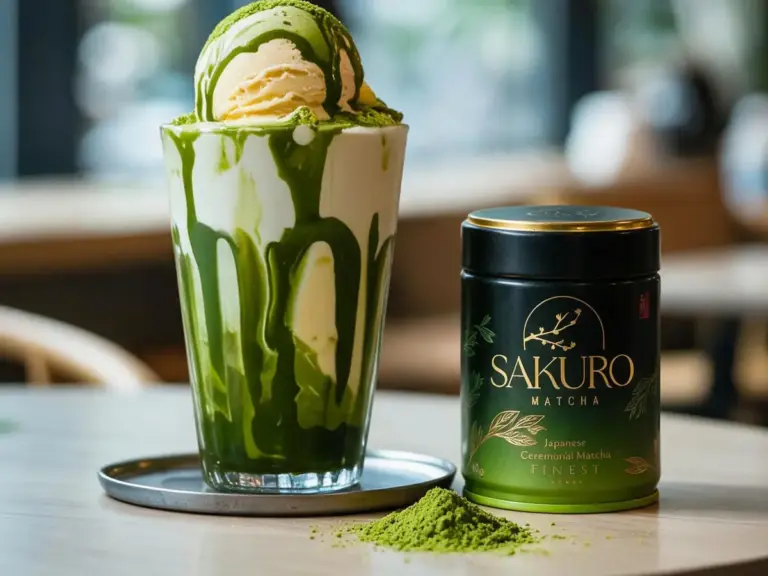 Matcha float z gałką lodów w wysokiej szklance i puszka Sakuro Finest