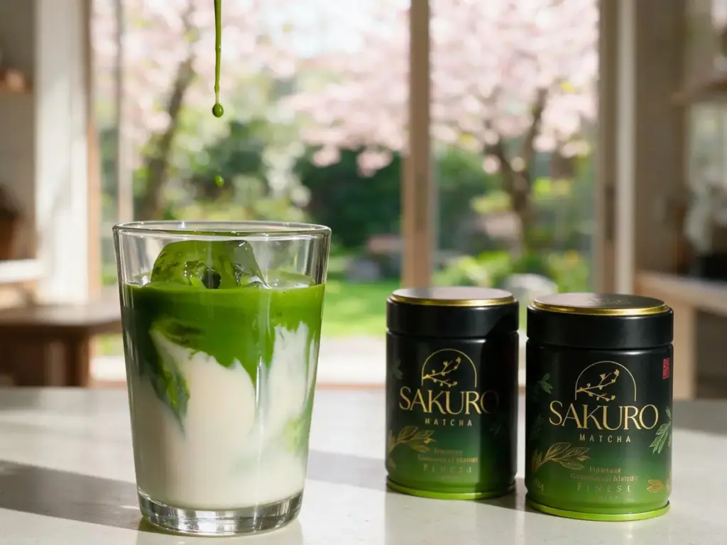 Gęsta matcha spływająca do szklanki z mlekiem, obok dwie puszki Sakuro Finest